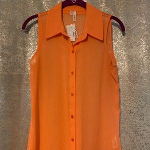 Studio Y sleeveless orange and metallic top.